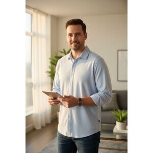 Prim + Preux Mens Light Blue Long Sleeve Button-Up Shirt XL Cotton/Poly Blend